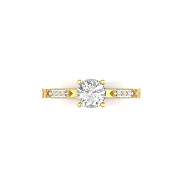 Round Solitaire Moissanite Engagement Ring in 14KT Gold Over Sterling Silver | Vintage Milgrain Side Accent Ring for Her