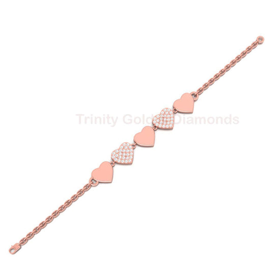 Rose Gold Heart Charm Bracelet for Women • Dainty Multi Heart Link Bracelet • Pave Diamond Accent Romantic Gift • Handmade Jewelry