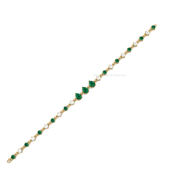 Pear Emerald and Diamond Tennis Bracelet • Teardrop Gemstone Gold Bracelet • Handmade Bridal Jewelry • Elegant Gift for Her • Charms
