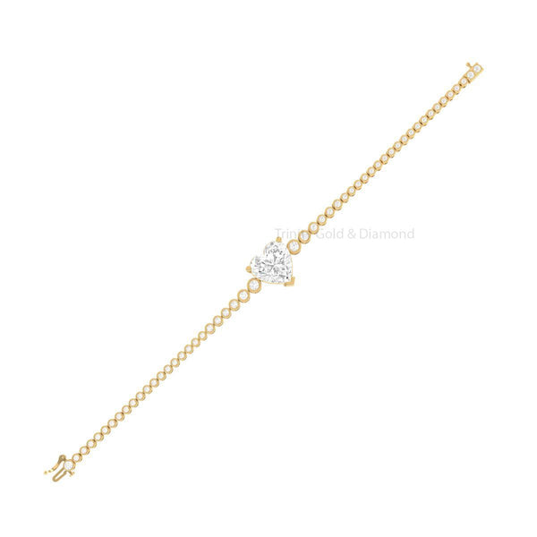 Heart Diamond Gold Bracelet, Dainty Bezel Set Tennis Bracelet, Handmade Gift for Her, Adjustable Elegant Bangle for Women