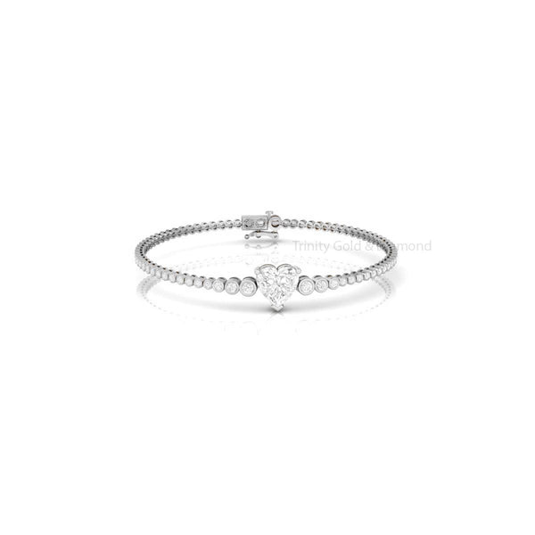 Heart Diamond Gold Bracelet, Dainty Bezel Set Tennis Bracelet, Handmade Gift for Her, Adjustable Elegant Bangle for Women