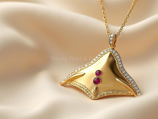 Gold Stingray Pendant Necklace • Sea Animal Charm Jewelry • Ocean Life Gift for Her • Twin Ruby Accent • Beach Style Necklace