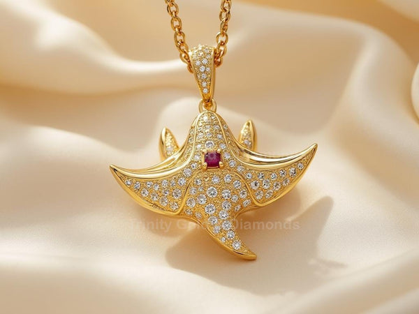 Wide Wing Stingray Pendant Necklace • Sparkling Ocean Jewelry • Ruby Sea Life Charm • Marine Animal Gift for Her • Beach Necklace