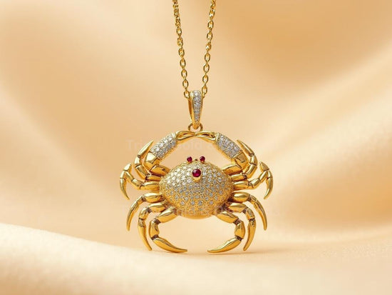 Crab Pendant Necklace • Pavé Ocean Animal Jewelry • Arched Claw Sea Life Charm • Triple Ruby Crab Gift • Coastal Zodiac Necklace