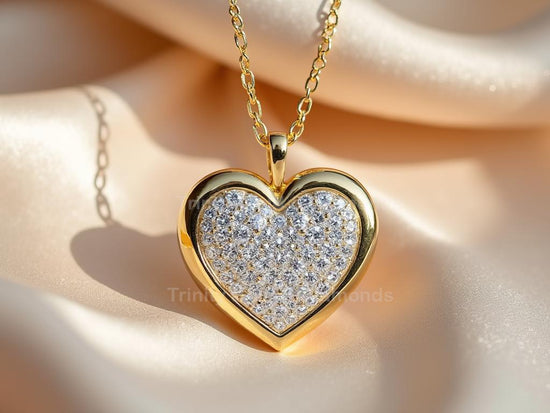 Sparkling Heart Pendant Necklace for Women • Pave Diamond Look Jewelry • Gold Tone Heart Charm • Dainty Love Necklace •  Gift for Her