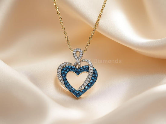 Double Heart Pendant Necklace with Blue & White Stones • Sparkling Gold Love Charm • Elegant Romantic Jewelry Gift for Her