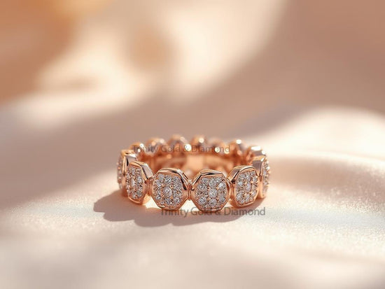 Cushion Cluster Eternity Band Ring • Geometric Pave Unique Link Band • Statement Moissanite • Art Deco Style • Lab Grown Stacking Ring