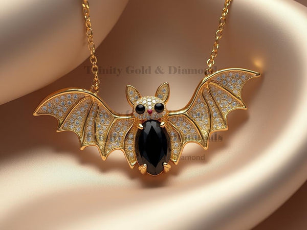 Bat Diamond Pendant Necklace • Gothic Vampire Jewelry with Black Stone • Iced Out Necklace •Perfect Animal Lab Grown Or Moisanite Gift for