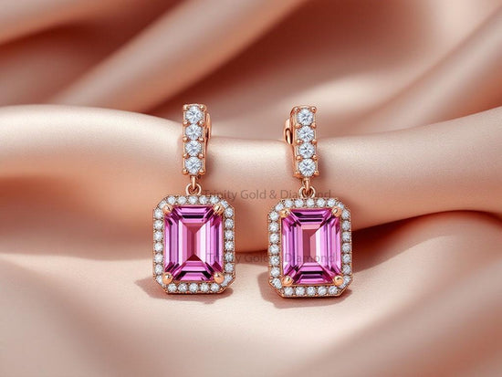 Bold Pink Gemstone Drop Earrings • Emerald Cut Halo Dangle Earrings • Rose Gold Statement Earrings • Glamorous Gift for Her