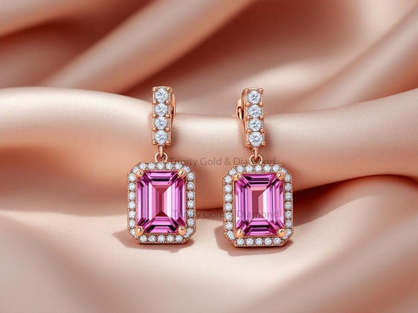 Bold Pink Gemstone Drop Earrings • Emerald Cut Halo Dangle Earrings • Rose Gold Statement Earrings • Glamorous Gift for Her