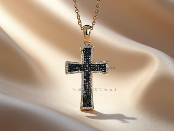 Thick Arm Black Cross Pendant • Gold Finish Men's Necklace • Black Diamond Look Religious Charm • Handmade Gift for Him