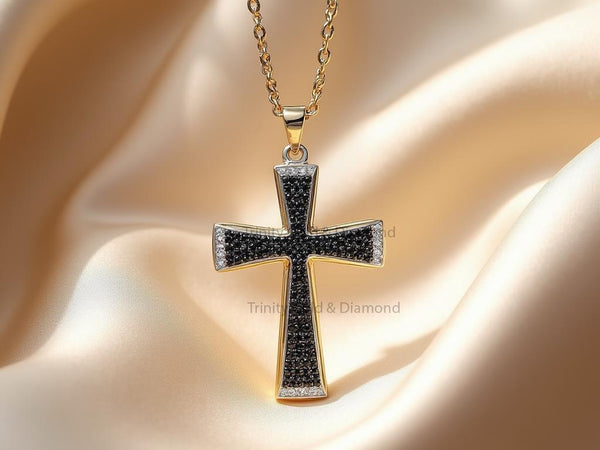 Tapered Black Cross Pendant Necklace • Men's Gold Finish Faith Jewelry • Black Diamond Look • Handmade Religious Gift for Him