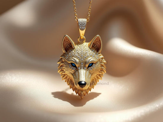 Gold Wolf Pendant Necklace with Blue Eyes • Fierce Animal Totem Jewelry for Men • Spiritual Handmade Gift • Strength & Loyalty Symbol
