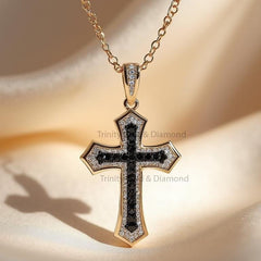 Black Cross Pendant with White Accent Stones • Gold Plated Gothic Cross Necklace • Religious Jewelry for Men & Women • Gift of Faith
