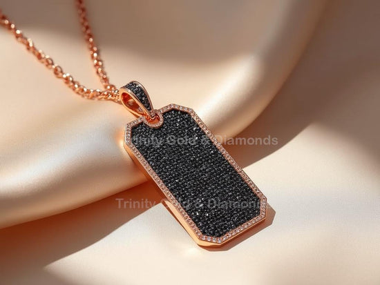 Hexagon Cut Black Pavé Dog Tag Necklace • Rose Gold Men’s Pendant • Bold Urban Jewelry • Gift for Him • Statement Chain for Men