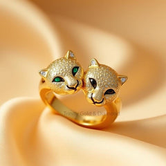 Pave Panther Ring • Double Panther Head Wrap Ring • Gold Animal Jewelry • Green Eyes & Black Enamel • Adjustable Statement Ring for Her