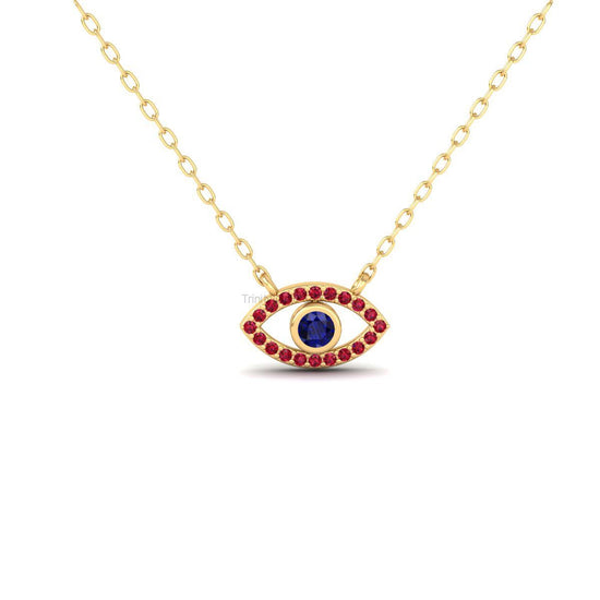 Evil Eye Necklace with Blue Sapphire, 18K Gold Over Sterling Silver, Diamond Accent Protection Pendant, Handmade Gift for Her, All Gemstones