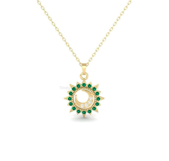 Emerald Pendant, Circle Pendant Necklace, Sun Moon Emerald & Diamond Pendant, Handmade Jewelry, Minimalist Emerald Pendant, Delicate Gift