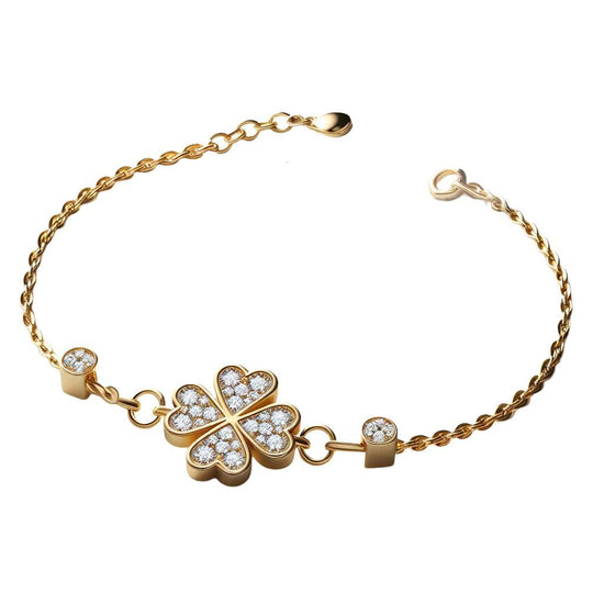 Four Leaf Clover Charm Bracelet, Heart Petal Pave Diamond Gold Bracelet, Dainty Lucky Chain Bracelet, Elegant Gift for Women