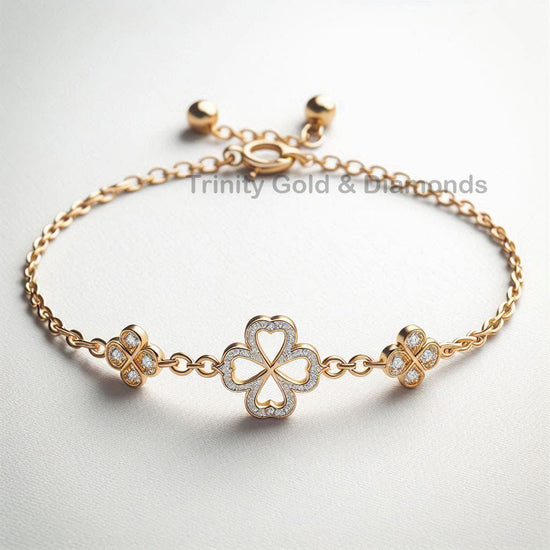 Open Clover Heart Bracelet for Women, Gold Four Leaf Clover Charm Bracelet, Pavé Diamond Lucky Bracelet with Side Charms, Gift for Her