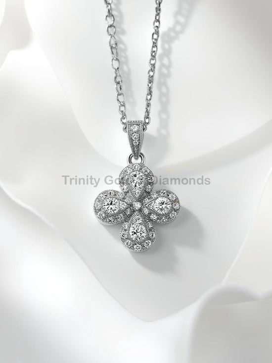 Clover Diamond Pendant Necklace for Women, Rose Gold Teardrop & Round Diamond Cluster Pendant, Elegant Floral Jewelry Gift
