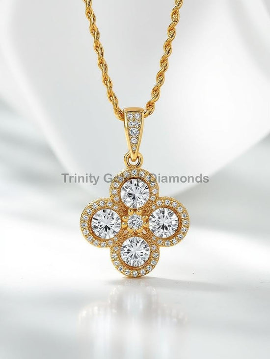 Clover Diamond Pendant Necklace in Yellow Gold, Four Petal Round Cut Diamond Cluster Pendant, Elegant Charm Necklace, Gift for Her