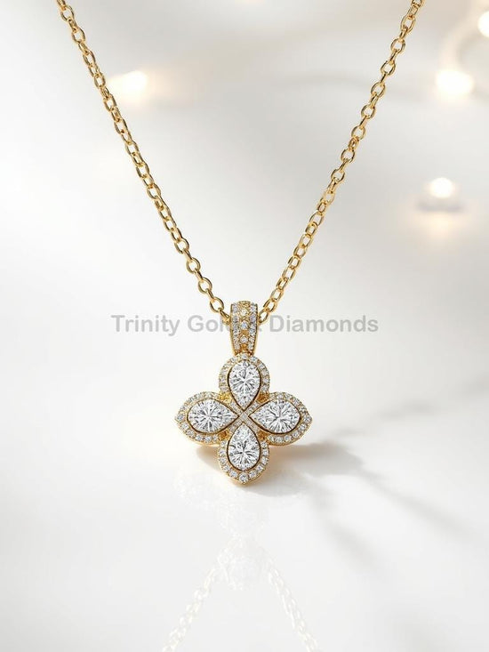 Clover Diamond Pendant Necklace in Yellow Gold, Teardrop Marquise Petal Pendant, Four Leaf Floral Diamond Charm, Gift for Her