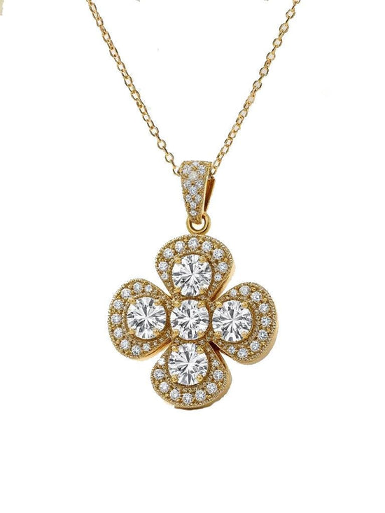 Bold Clover Diamond Pendant Necklace in Yellow Gold, Four Petal Round Diamond Halo Pendant, Luxury Floral Charm, Gift for Her