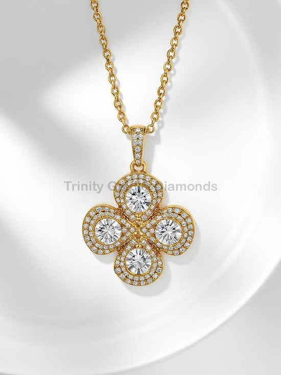 Clover Diamond Pendant Necklace in Yellow Gold, Double Halo Round Diamond Four Petal Pendant, Luxury Floral Charm Jewelry for Her