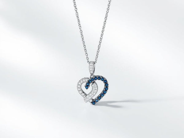 Sterling Silver Interlocking Hearts Necklace with Blue and White Moissanite , Intertwined Hearts , Modern Silver Love Knot Necklace