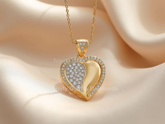 Half Pave Moissanite Diamond Heart • Smooth & Sparkle • Asymmetrical Heart • Modern Gold Silver • Unique Heart Gift •  Heart Gift for Her