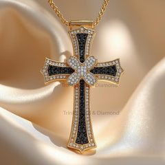 Luxury Gold Cross Pendant • Black CZ & Flower Cluster Necklace • Handmade Religious Statement Jewelry for Men And Women