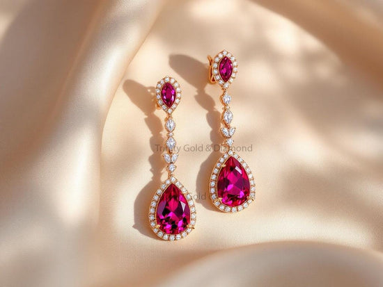 Teardrop Ruby Dangle Earrings • Long Statement Earrings in Rose Gold • Handmade Halo CZ Drop Earrings • Gift for Her