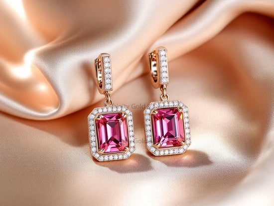 Pink Emerald Cut Halo Drop Earrings • Rose Gold Huggie Moissanite Earrings • Handmade Dangle Gift for Her