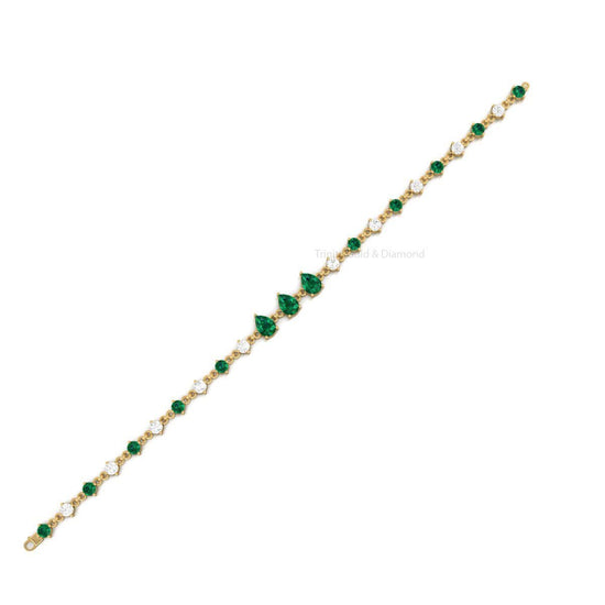 Pear Emerald and Diamond Tennis Bracelet • Teardrop Gemstone Gold Bracelet • Handmade Bridal Jewelry • Elegant Gift for Her • Charms