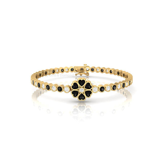 Black Clover Charm Bracelet with Diamonds • Gold Lucky Floral Bangle • Heart-Shaped Black Gem Bracelet • Handmade Gift for Her