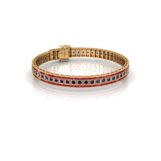 Blue Sapphire Red Accent Gold Bracelet • Dual Tone Channel Set Tennis Bracelet • Handmade Gemstone Jewelry • Bold Gift for Women