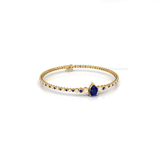 Teardrop Blue Sapphire Bracelet • Dainty Gold Diamond Accent Bangle • Handmade Elegant Gift Jewelry for Her • Bridal Gemstone Bracelet