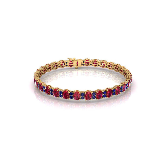 Oval Ruby and Blue Sapphire Tennis Bracelet • Dual Gemstone Gold Bangle • Handmade Bold Jewelry • Statement Gift for Women