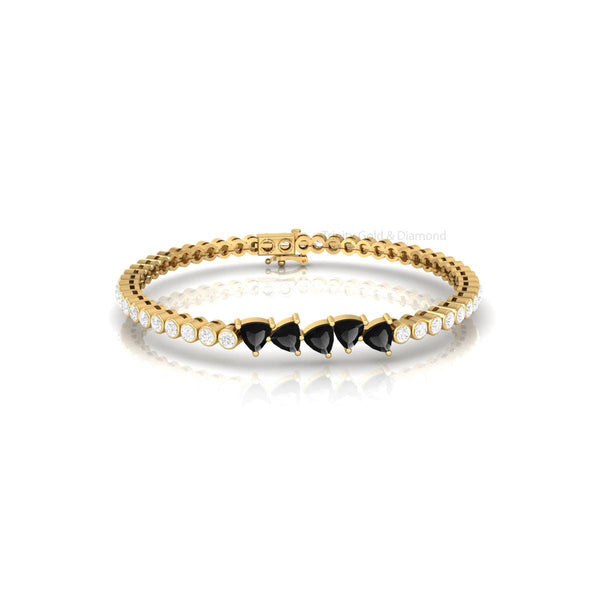 Trillion Black Gemstone Bracelet with Diamonds • Gold Bezel Tennis Bracelet • Handmade Elegant Jewelry Gift for Women • Modern Statement