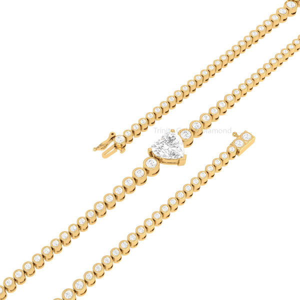 Heart Diamond Gold Bracelet, Dainty Bezel Set Tennis Bracelet, Handmade Gift for Her, Adjustable Elegant Bangle for Women