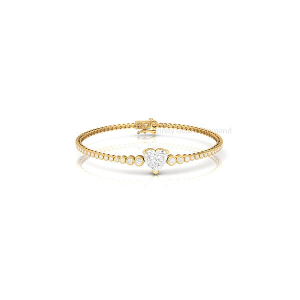 Heart Diamond Gold Bracelet, Dainty Bezel Set Tennis Bracelet, Handmade Gift for Her, Adjustable Elegant Bangle for Women