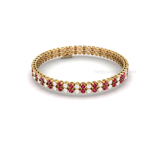 Ruby Diamond Tennis Bracelet For Women, Handmade 14K Gold Plated Gift Jewelry, Dainty Red White Gemstone Bangle for Her
