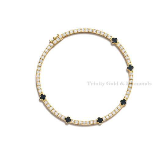 Black Clover Diamond Tennis Necklace • 14K Gold Over Sterling Silver • Elegant Lucky Charm Necklace • Minimalist Dainty Gift for Her