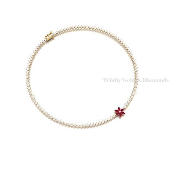 Red Flower Diamond Tennis Choker Necklace • Gold Over 925 Silver • Handmade Bridal Jewelry • Elegant Gift for Her