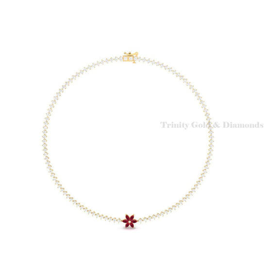 Red Flower Diamond Tennis Choker Necklace • Gold Over 925 Silver • Handmade Bridal Jewelry • Elegant Gift for Her