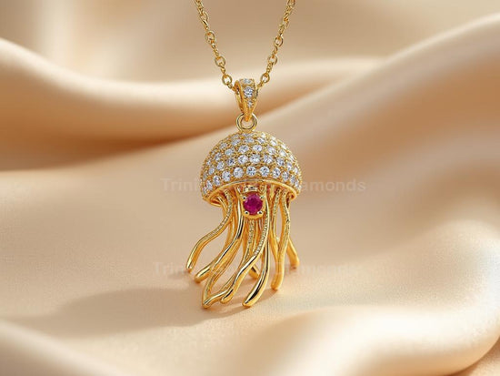 Jellyfish Pendant Necklace • Ocean-Inspired Sea Charm • Nautical Marine Life Jewelry • Ruby Accent Gift for Her • Coastal Summer Style