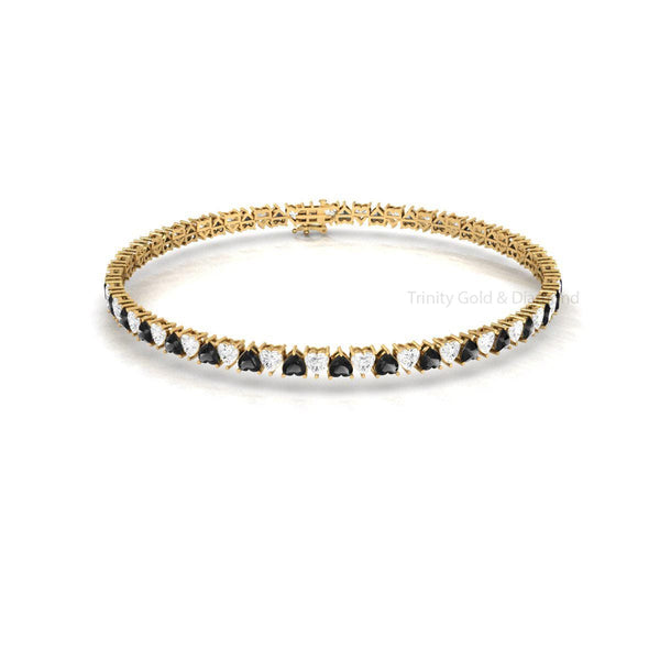 Heart Shape Tennis Bracelet for Women • Black & White Stone Gold Bracelet • Romantic Statement Jewelry • Gift for Her