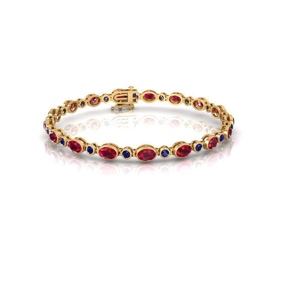 Ruby and Sapphire Tennis Bracelet • Oval Red and Blue Gemstone Bracelet • Delicate Gold Finish Bridal Jewelry • Gift for Her