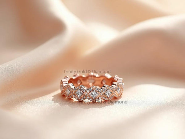 Vintage Diamond Crown Eternity Band • Rose Gold Full Eternity Ring for Women • Wedding Anniversary Band • Lab Grown Stacking Ring for her